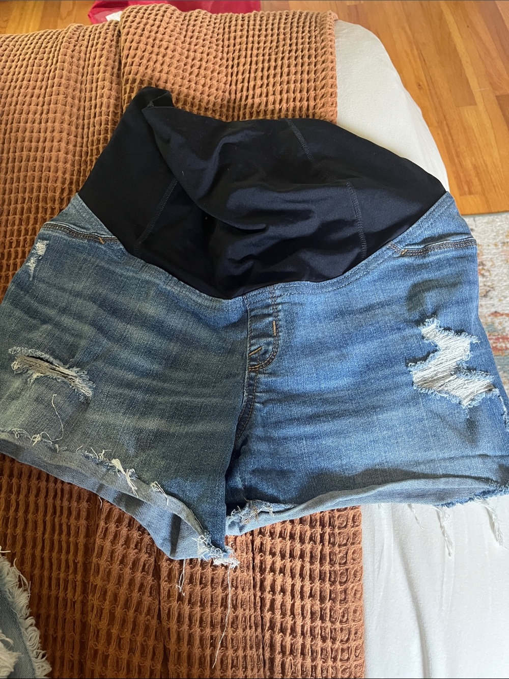 Maternity Distressed Denim Shorts with Black Overband